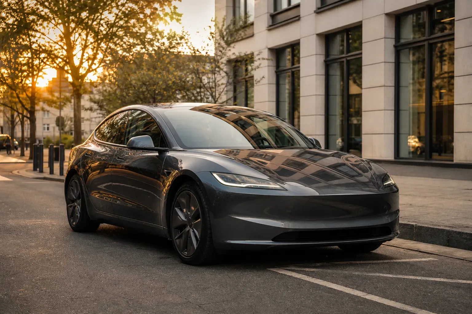 Une Tesla Model 3 blanche stationnée dans une rue urbaine moderne, vue de trois quarts avant, sous une lumière naturelle soignée.