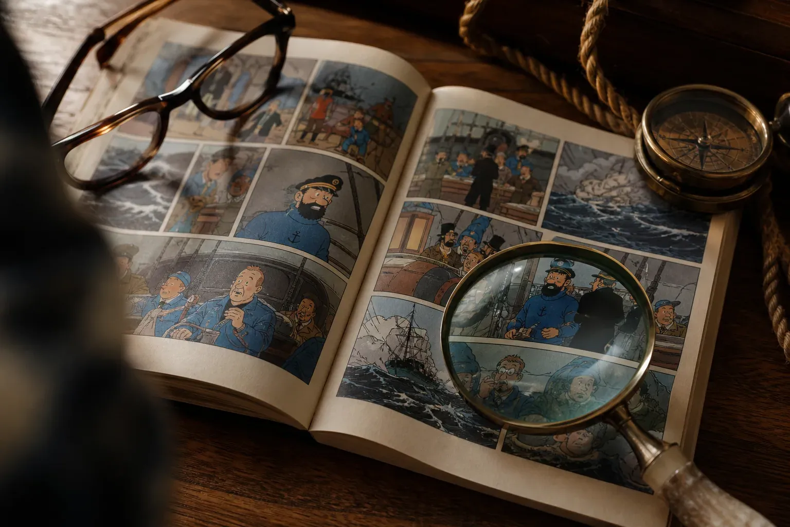 Une scène de lecture réaliste avec un album de bande dessinée ouvert, une loupe, des lunettes et des objets marins sur un bureau.