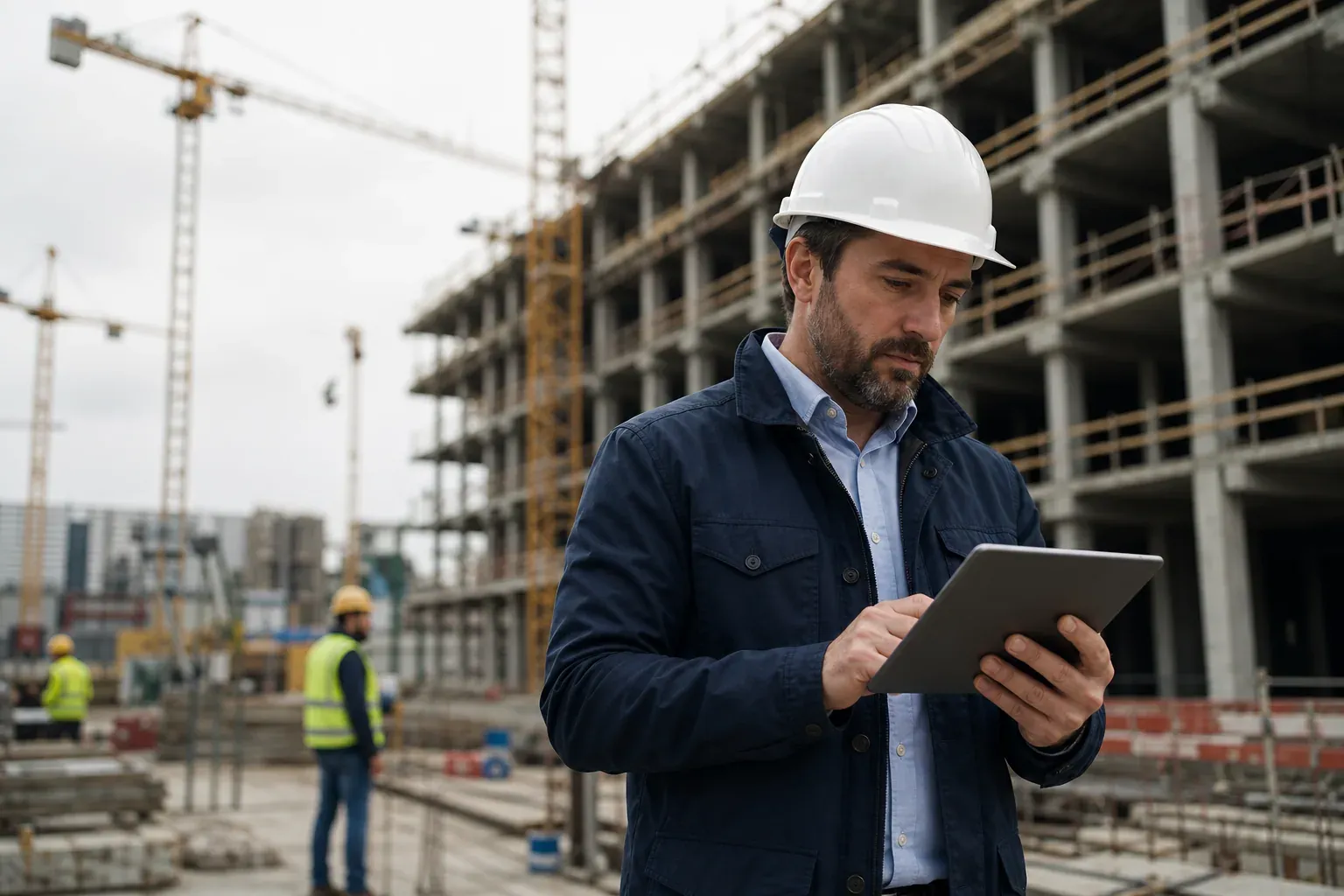 Chef de chantier en tenue de sécurité consultant une tablette sur un chantier de construction, avec des ouvriers et une grue en arrière-plan.