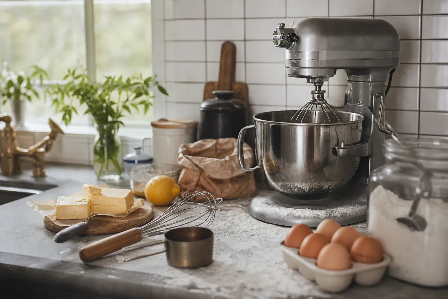 Un robot pâtissier en inox posé sur un plan de travail de cuisine, entouré d’ingrédients de pâtisserie, dans une ambiance lumineuse et réaliste.