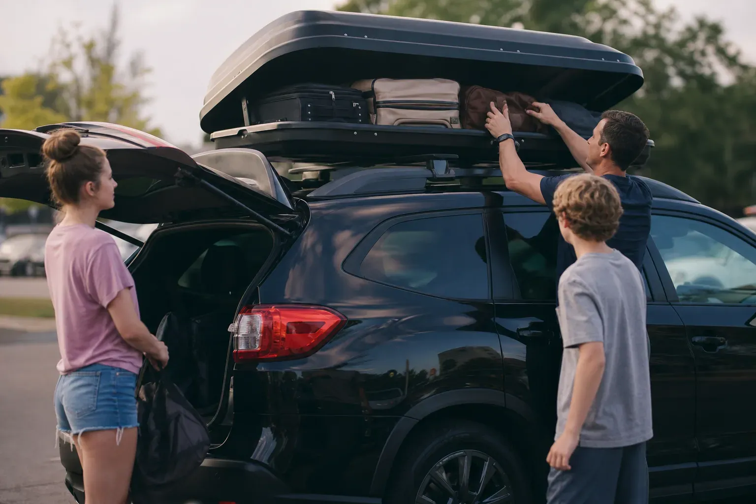 Une famille charge des bagages dans un coffre de toit rigide fixé sur un SUV avant un départ en voyage.