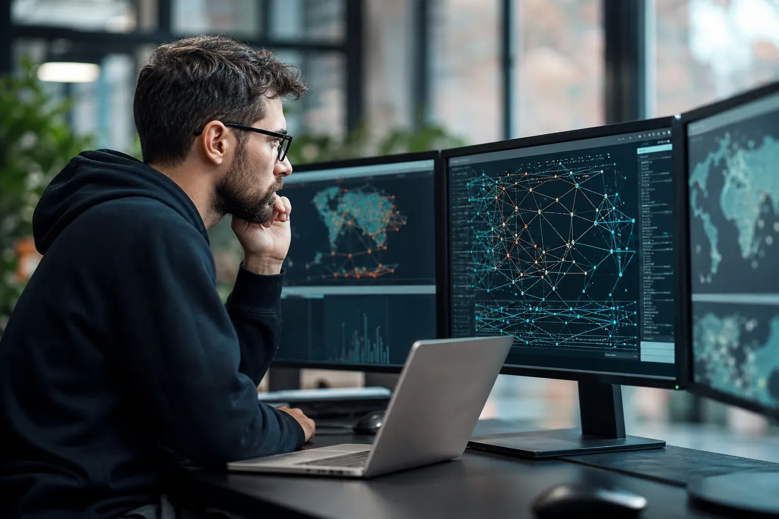 Un analyste devant plusieurs écrans surveillant des routes réseau et des connexions proxy dans un bureau moderne.