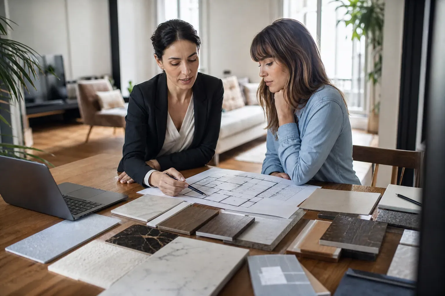 Un architecte d’intérieur et un client examinent des plans et des échantillons de matériaux dans un appartement lumineux.