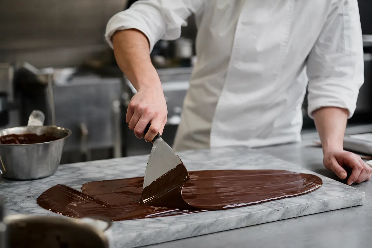Un pâtissier tempère du chocolat fondu sur un plan de travail en marbre dans une cuisine professionnelle.