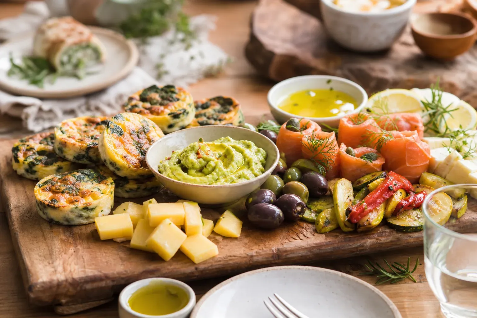 Table conviviale avec plusieurs délices cétogènes à partager : mini quiches, saumon, avocat, légumes rôtis, fromage et olives.