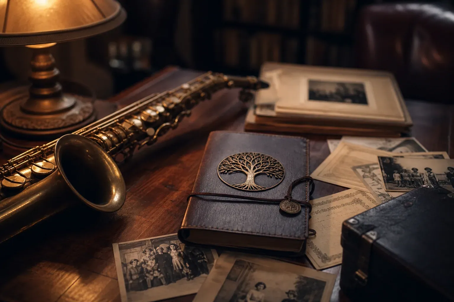 Photo réaliste d’un saxophone près d’archives généalogiques et d’un carnet de famille, dans une ambiance chaude et éditoriale.