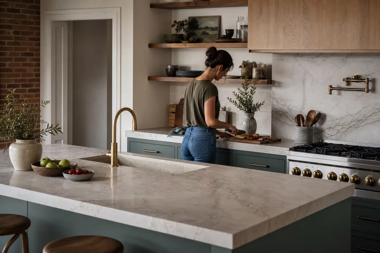 Une cuisine contemporaine avec un plan de travail sur mesure utilisé au quotidien, illustrant le lien entre mode de vie et choix des matériaux.