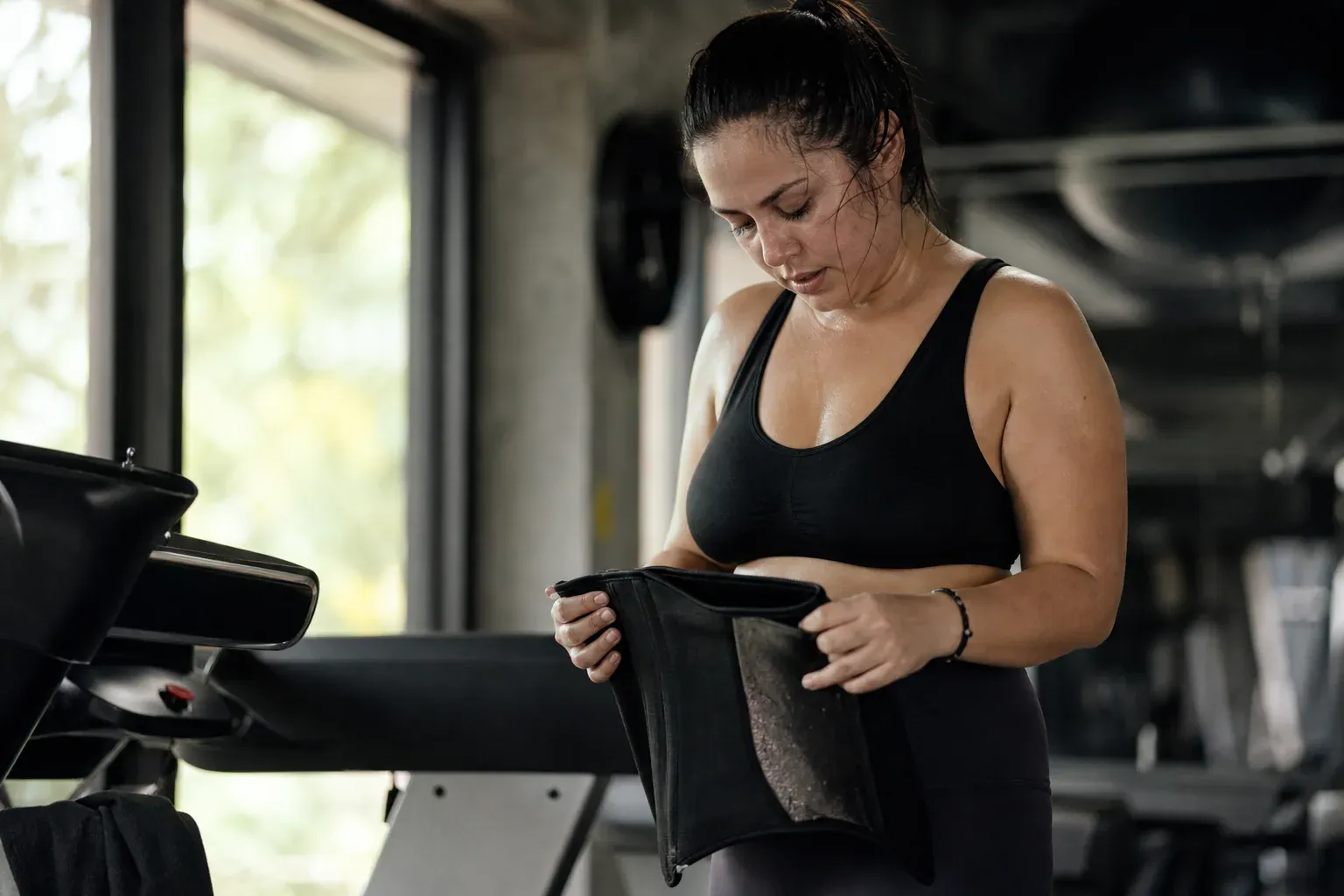 Une femme adulte dans une salle de sport tient une gaine amincissante après un entraînement, dans une scène réaliste et éditoriale.
