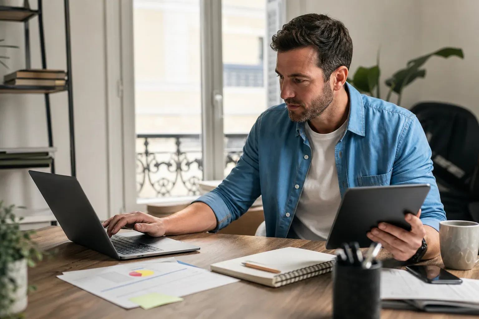 Un professionnel libéral compare sur ordinateur portable un logiciel de facturation et un agenda numérique sur un bureau moderne.