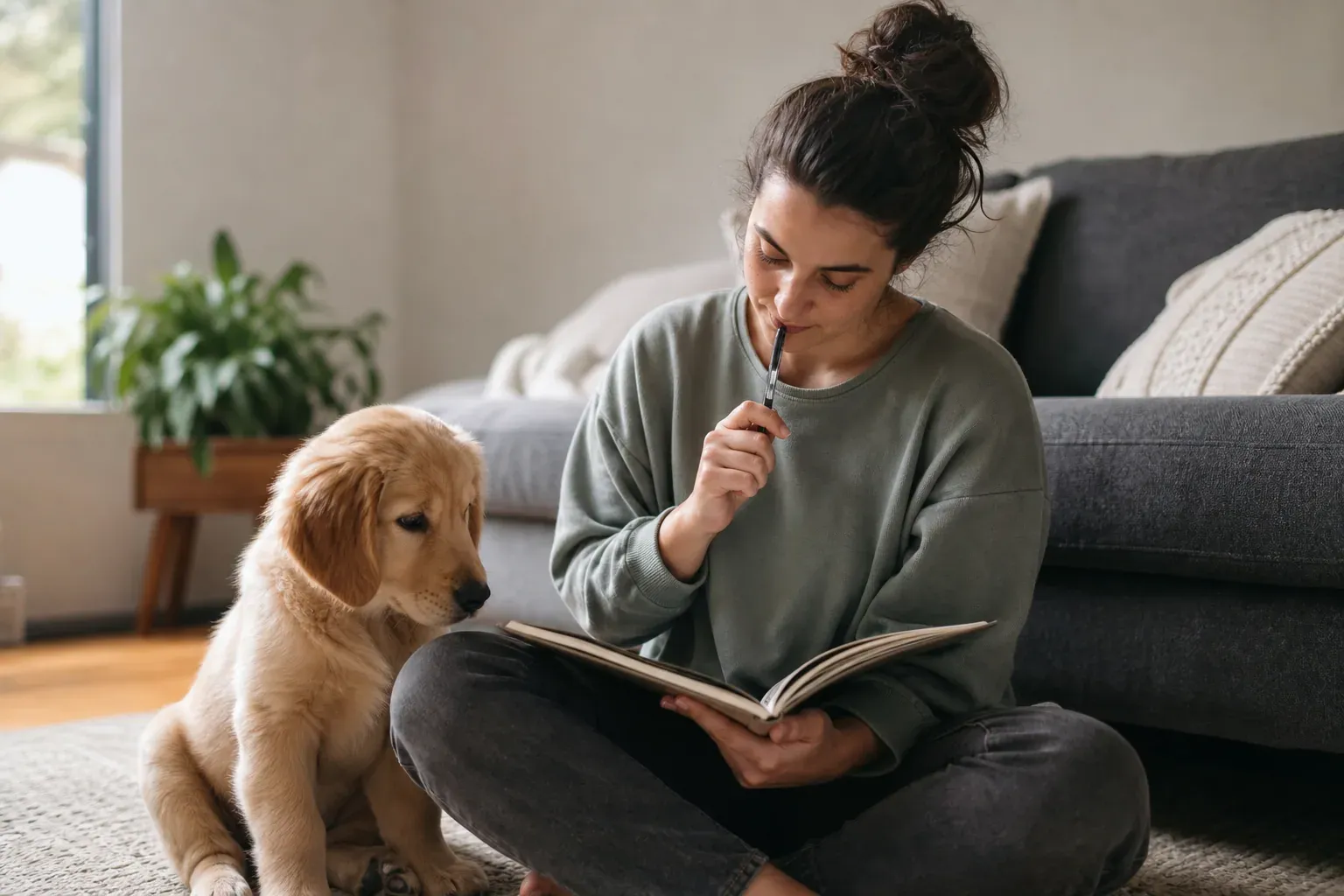 Une personne choisit un nom pour son chien en consultant un carnet, avec un chiot assis à côté dans un intérieur lumineux.