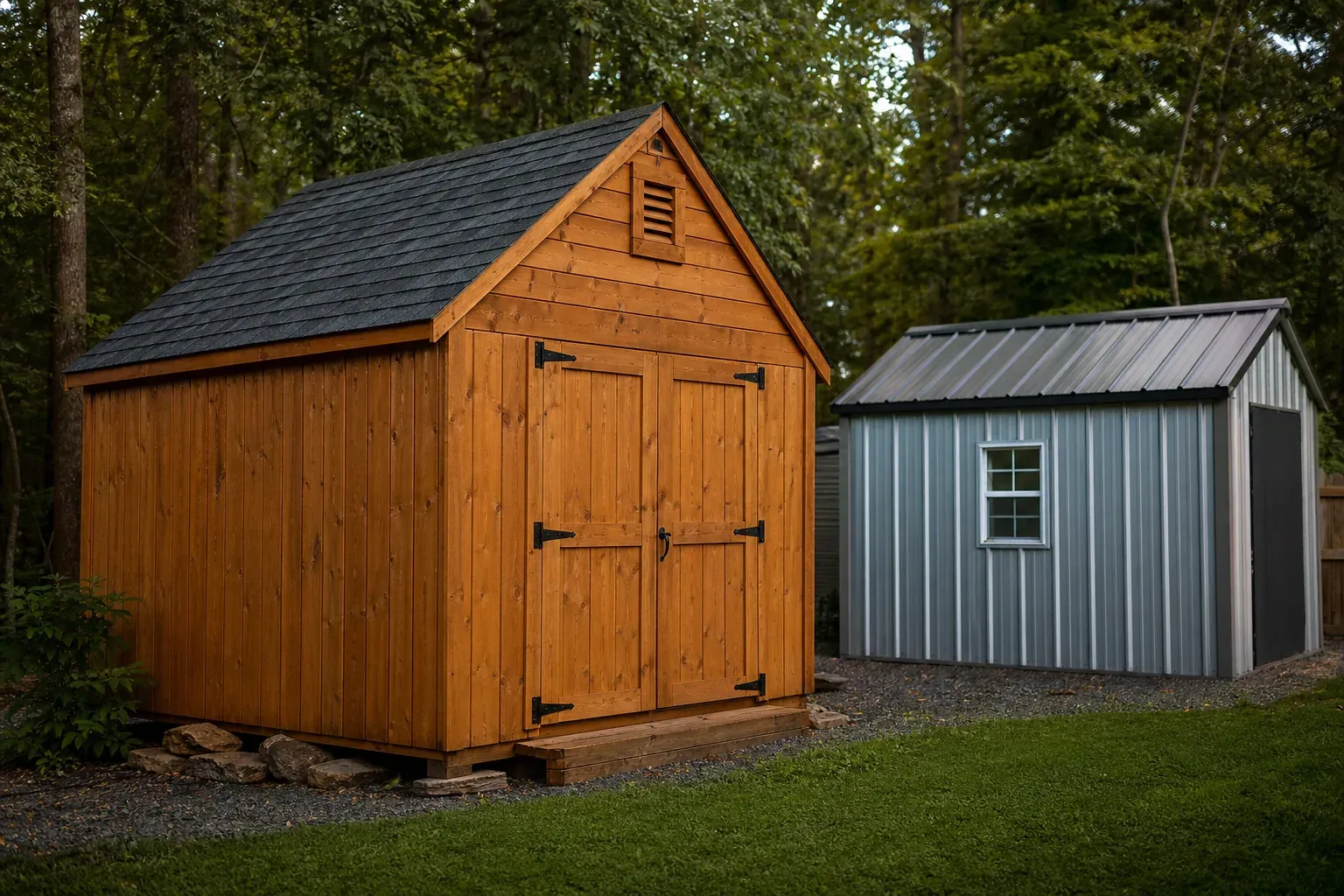 Photo réaliste d’un abri de jardin en bois avec toiture inclinée, dans un jardin soigné, pour illustrer le choix d’une couverture adaptée.