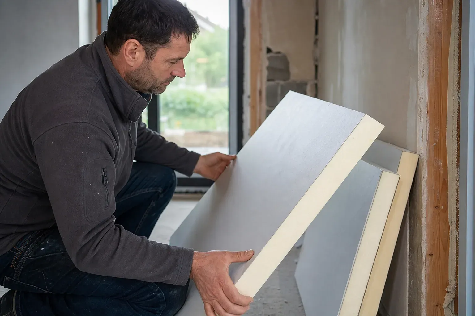 Un professionnel inspecte des panneaux d’isolation en polyuréthane sur un chantier de rénovation.