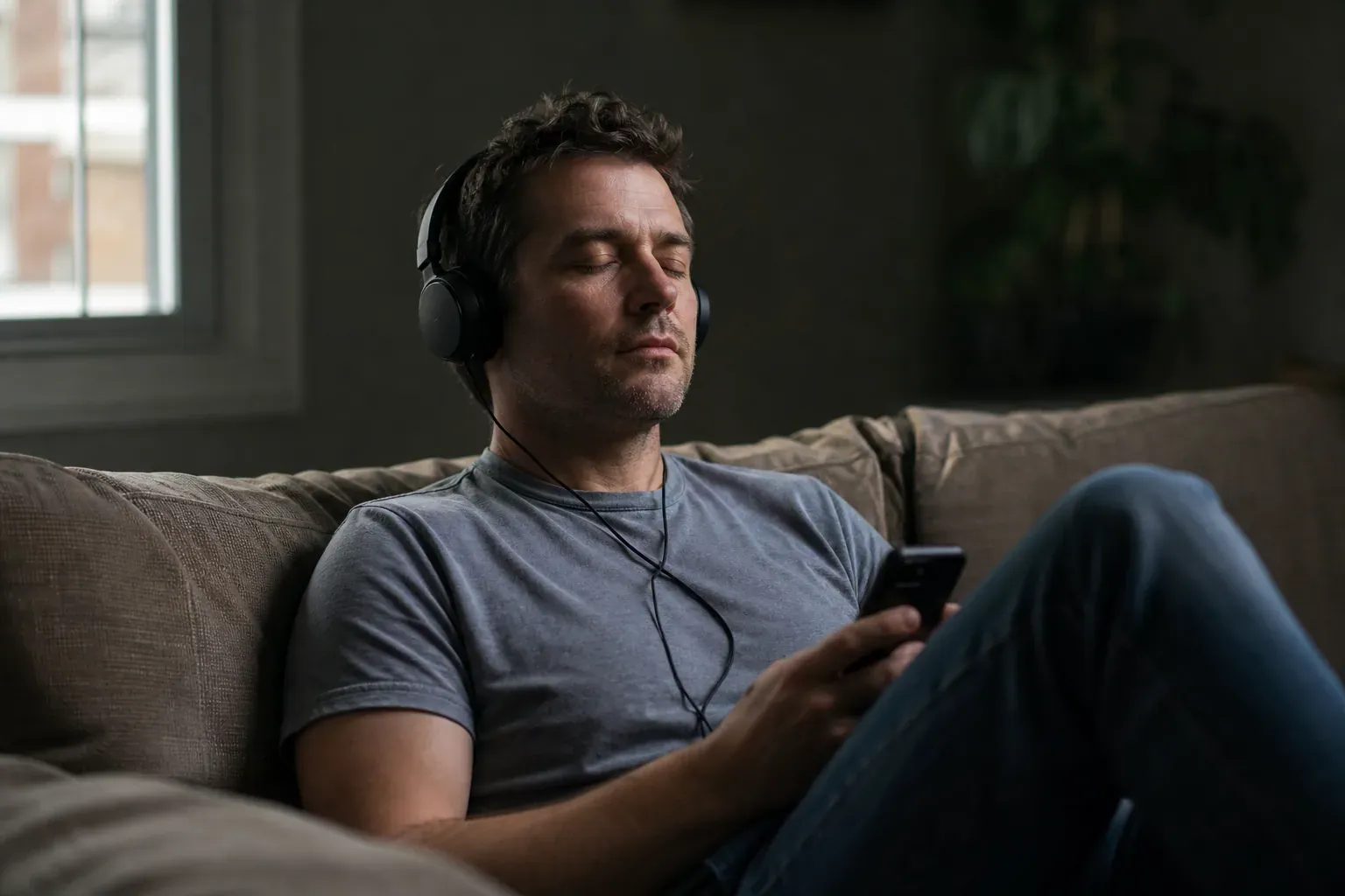Une personne allongée sur un canapé, casque sur les oreilles et téléphone à la main, dans une pièce calme à la lumière douce.