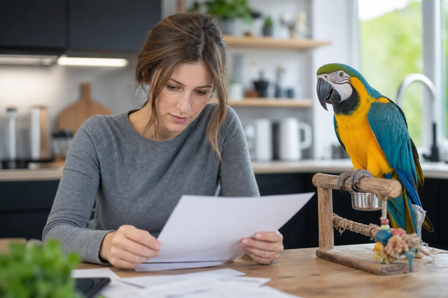 Un propriétaire de perroquet lit un contrat d’assurance à une table, avec le perroquet posé à côté dans une scène réaliste et lumineuse.