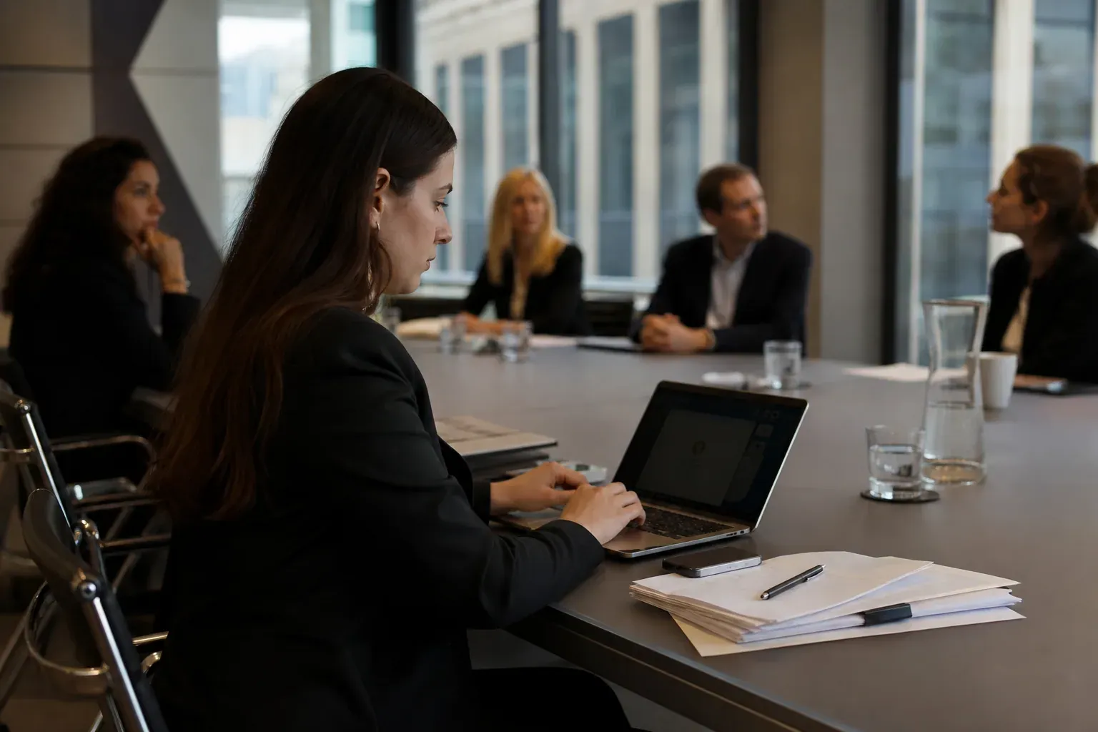 Photo réaliste d’une réunion en entreprise avec une personne prenant des notes devant un ordinateur portable et des documents de compte rendu sur la table.