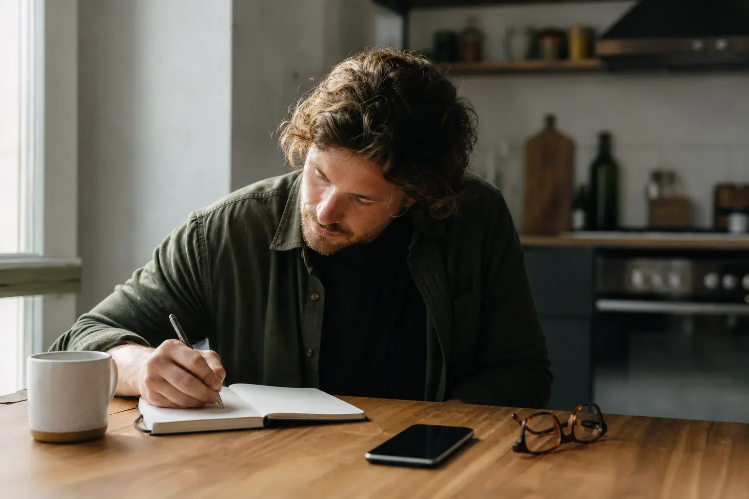 Une personne écrit une citation inspirante dans un carnet, près d’un café et d’un téléphone, dans une lumière matinale douce.