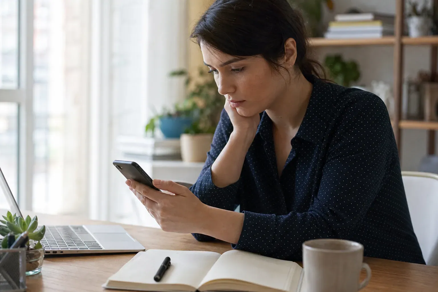 Une personne consulte un site sur la signification des prénoms sur ordinateur et smartphone, avec un carnet et un stylo sur une table.