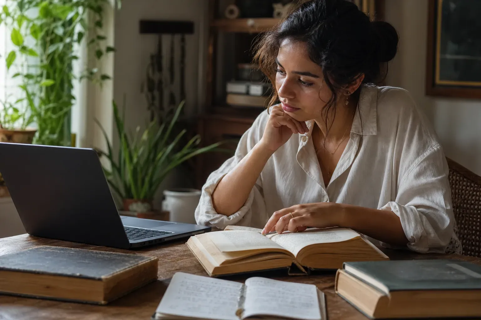 Personne consultant la signification de son prénom sur un ordinateur portable, avec des livres d’étymologie et un carnet sur une table.