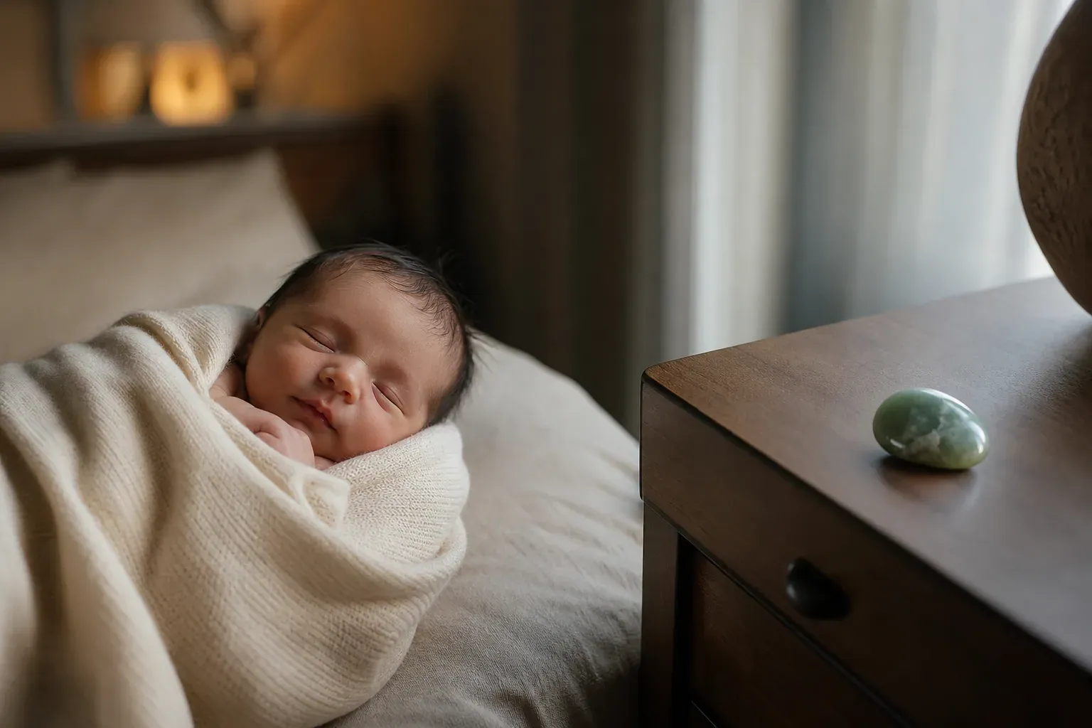 Photo réaliste d’un bébé emmailloté dans un plaid clair, avec une pierre de jade posée à côté, dans une lumière naturelle douce.