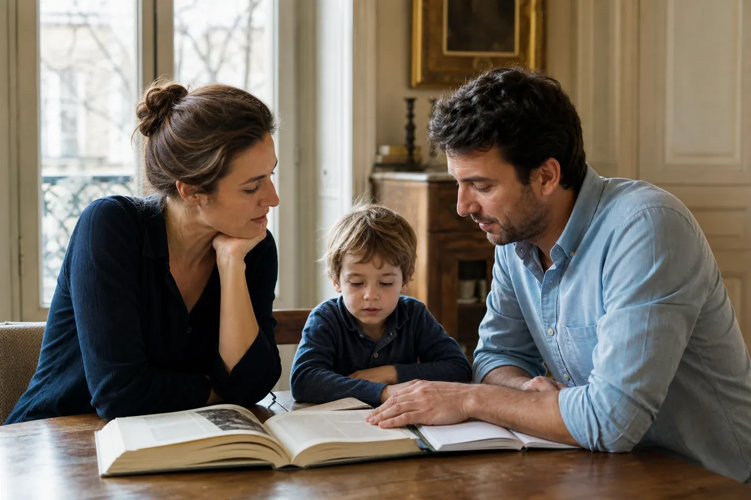 Une famille réfléchit à un prénom pour un enfant, avec un livre d’histoire et une ambiance chaleureuse.
