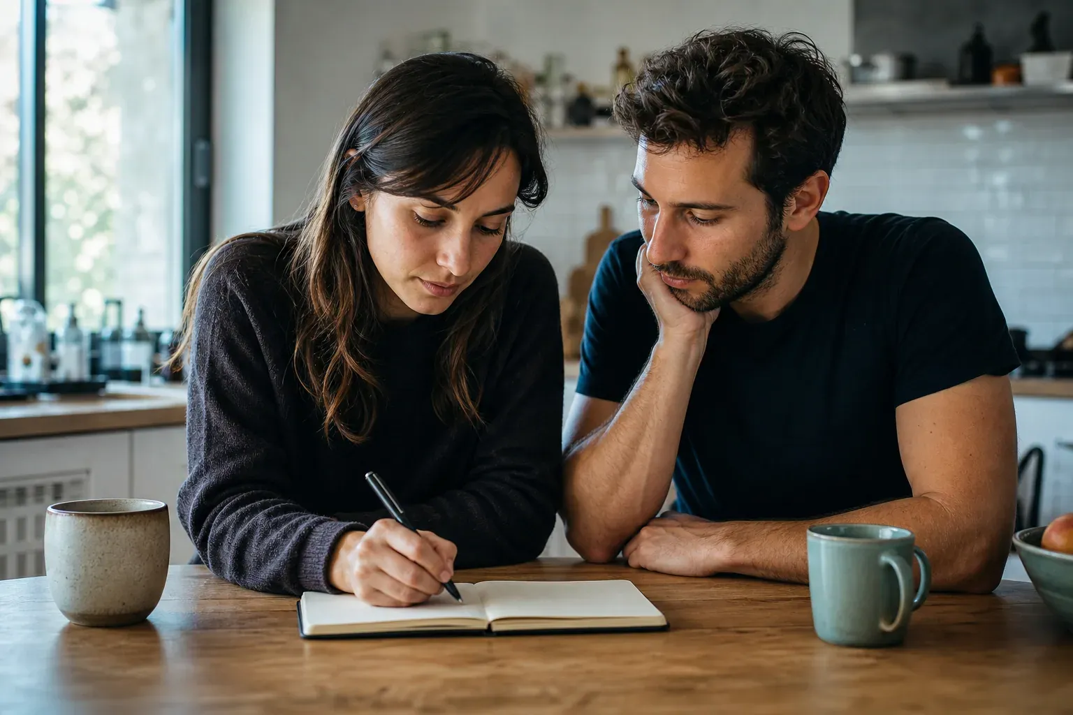 Un couple consultent un carnet de prénoms à la maison, dans une ambiance douce et réaliste de préparation à une naissance.