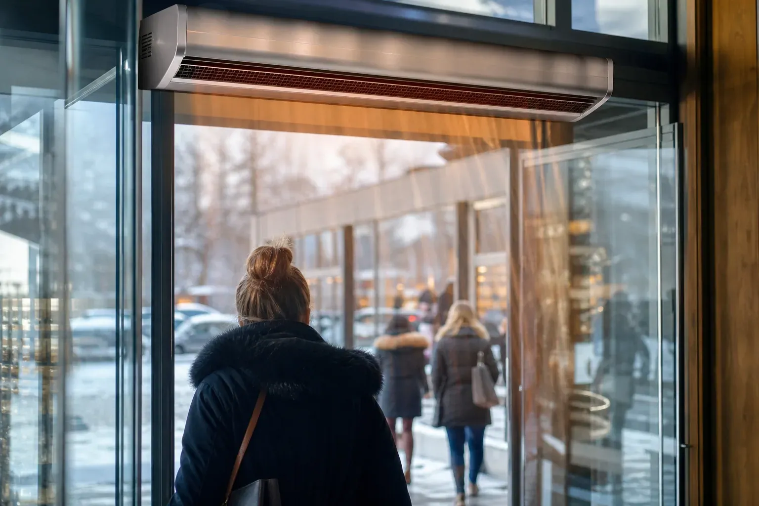Entrée d’un commerce avec un rideau d’air chaud installé au-dessus de la porte, illustrant la protection thermique d’un local commercial.