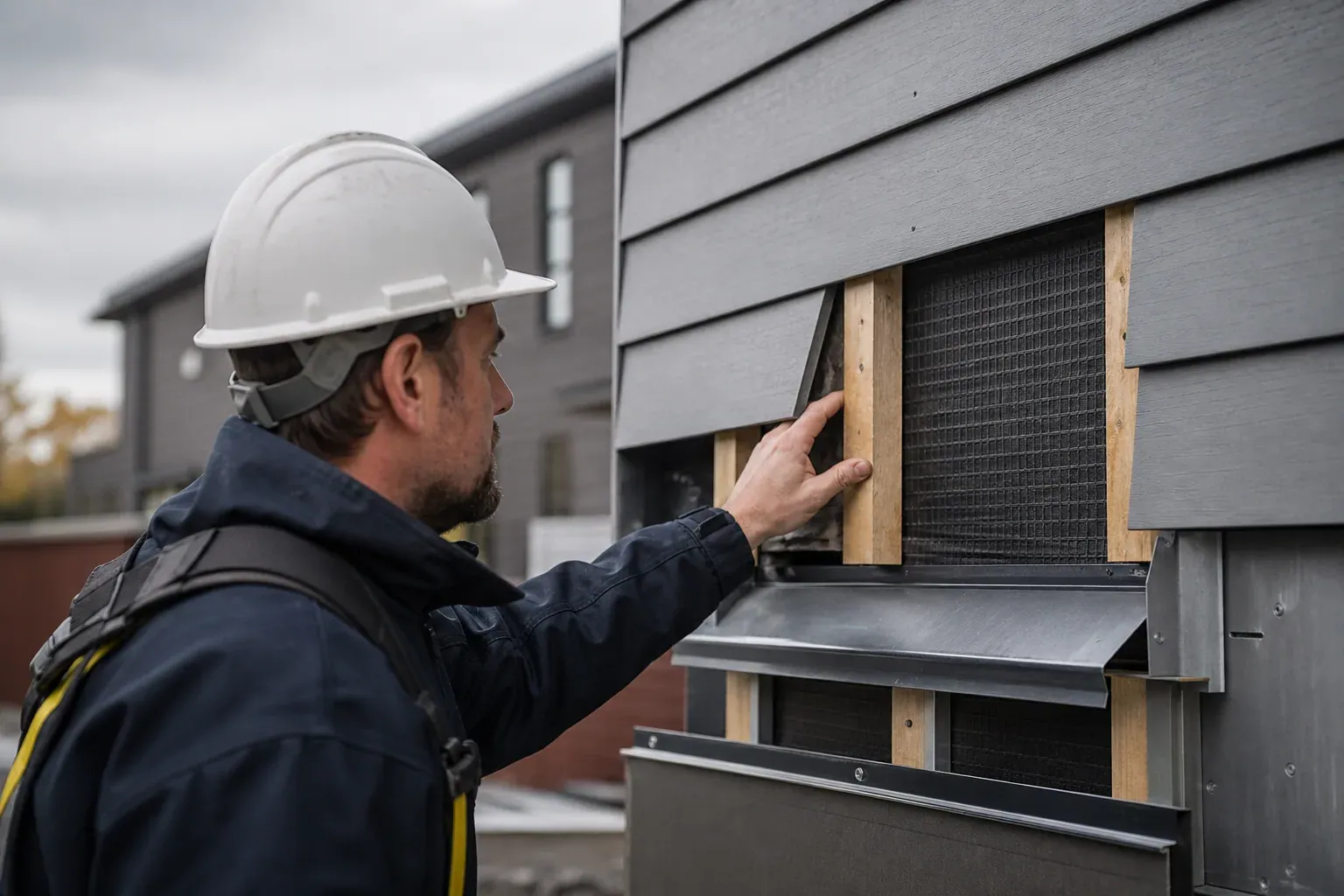 Un professionnel vérifie la lame d’air et les détails de drainage derrière un bardage composite sur une façade de maison.