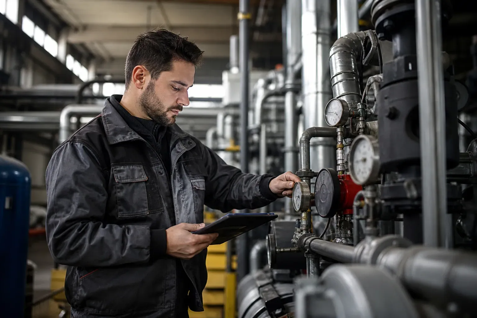Technicien inspectant un système de chauffage dans un grand atelier industriel avec tuyauterie, vannes et tableau de commande.
