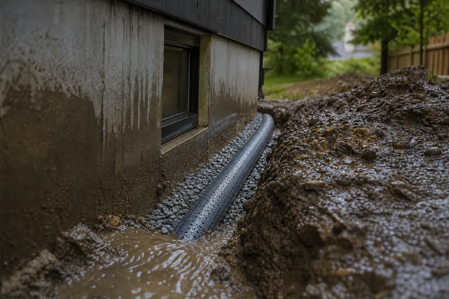 Maison individuelle avec tranchée de drainage au pied des fondations après la pluie, montrant des travaux de protection contre l’humidité.