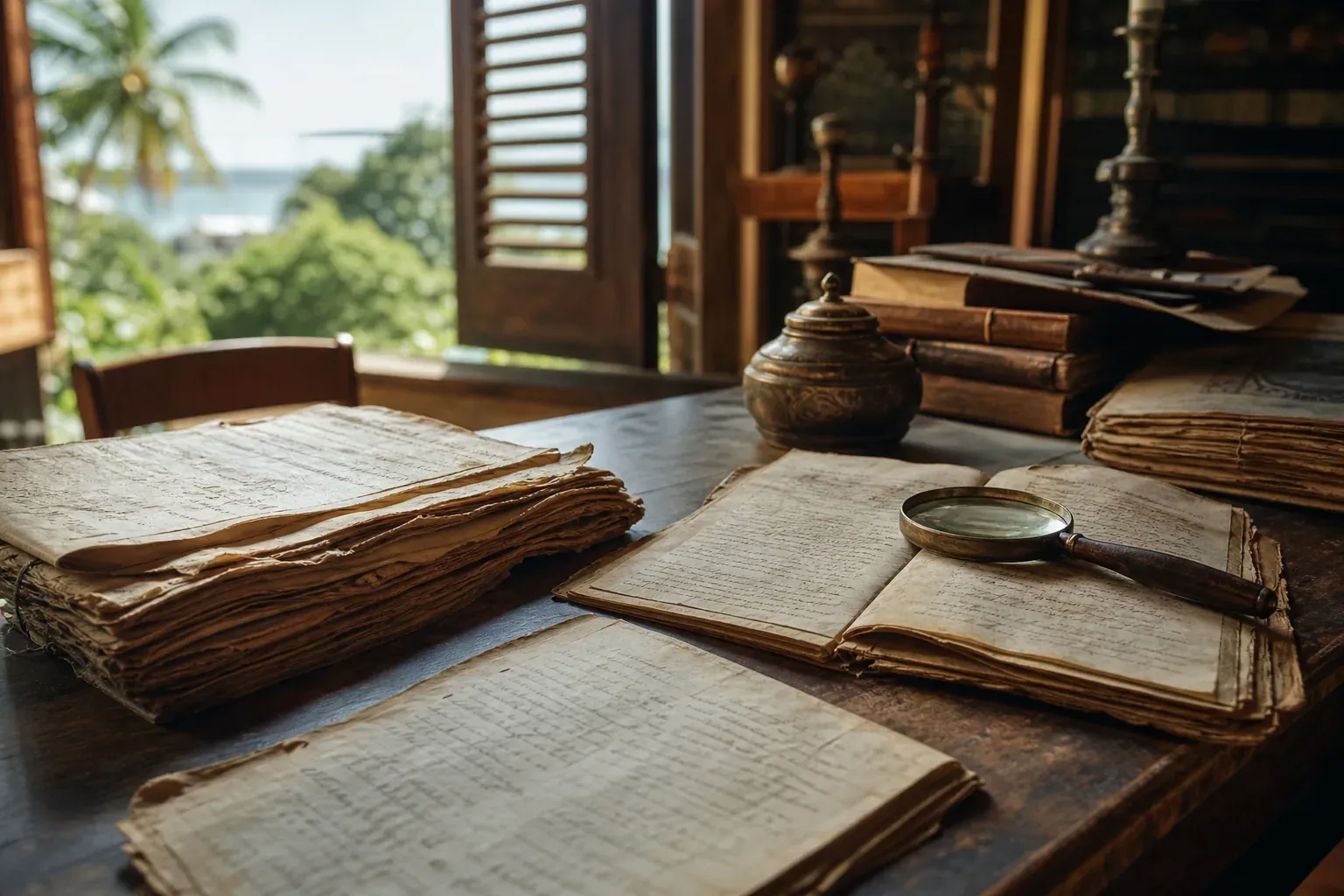 Registres anciens, loupe et documents d’archives dans une ambiance créole, évoquant la recherche sur l’origine du nom Béké.
