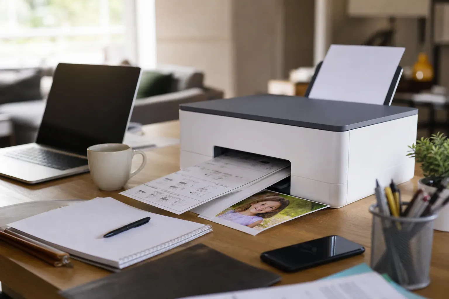 Imprimante compacte dans un intérieur domestique moderne, avec des feuilles imprimées, un ordinateur portable et des accessoires de bureau.