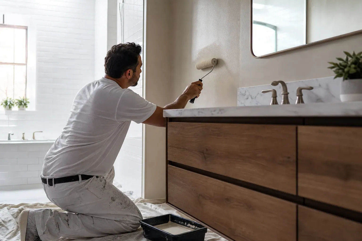 Un peintre applique une peinture satinée résistante à l’humidité sur le mur d’une salle de bain moderne, près d’un lavabo.
