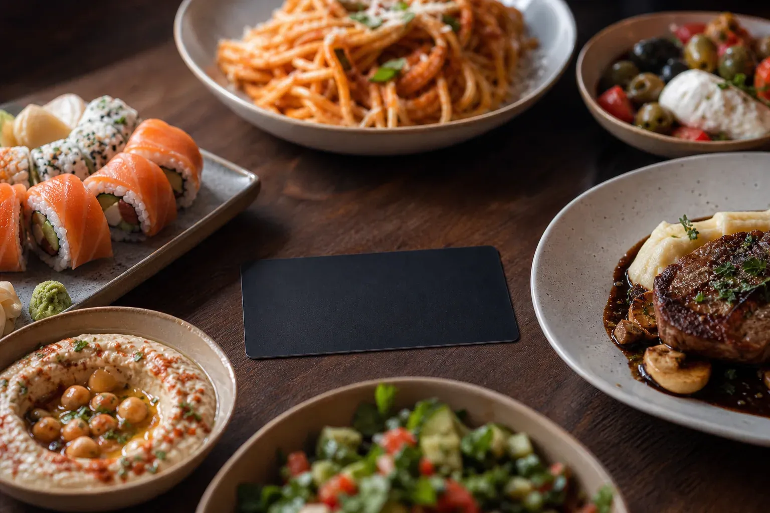 Une main tient un bon cadeau restaurant au-dessus d’une table dressée avec des plats de plusieurs cuisines, dans une ambiance chaleureuse.