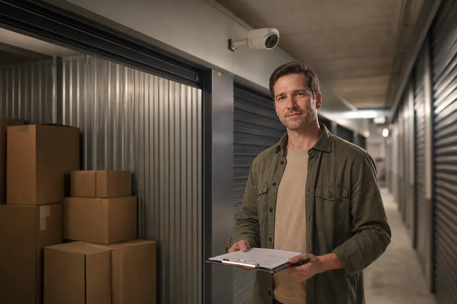 Photo réaliste d’un box de stockage sécurisé avec caméra de surveillance, cartons rangés et contrat tenu par un responsable.