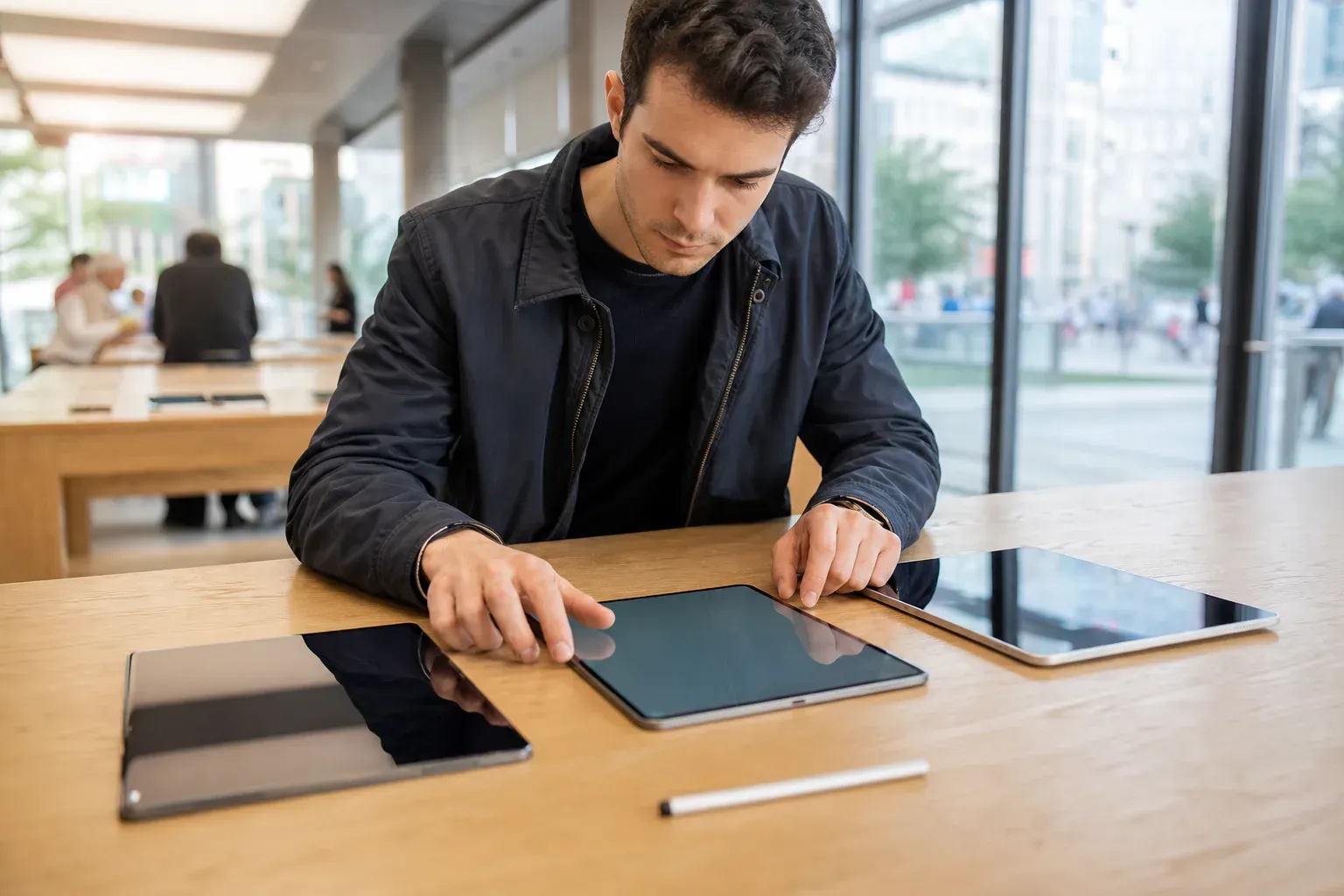 Une personne compare plusieurs tablettes tactiles sur une table dans un magasin high-tech moderne.