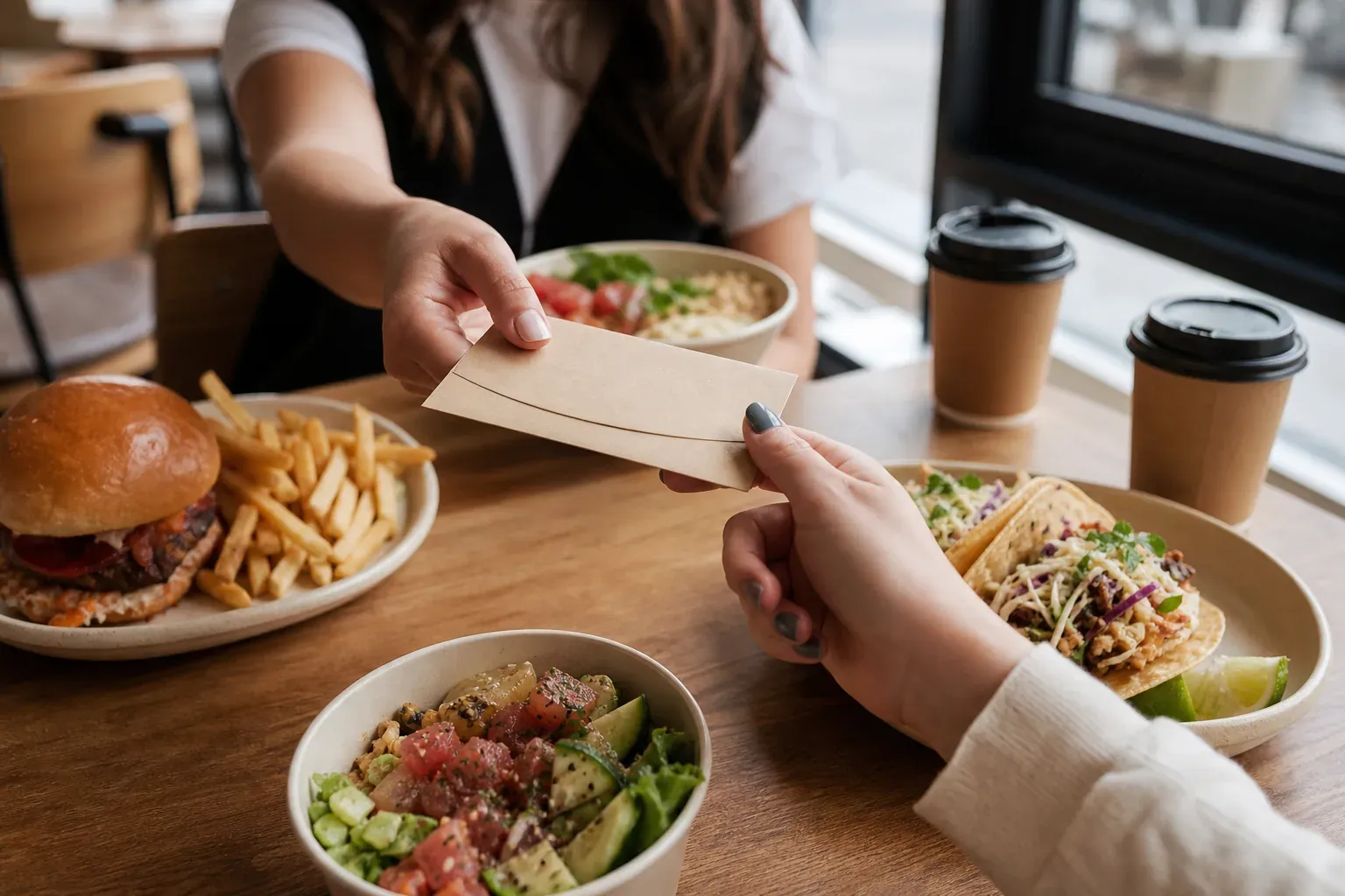 Une personne remet une carte cadeau devant plusieurs plats de restauration rapide premium sur une table moderne.