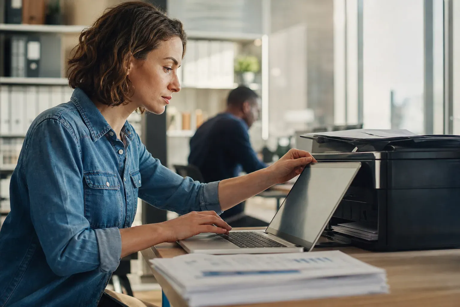 Une personne règle les paramètres d’une imprimante de bureau à côté de feuilles imprimées, dans un environnement de travail lumineux.
