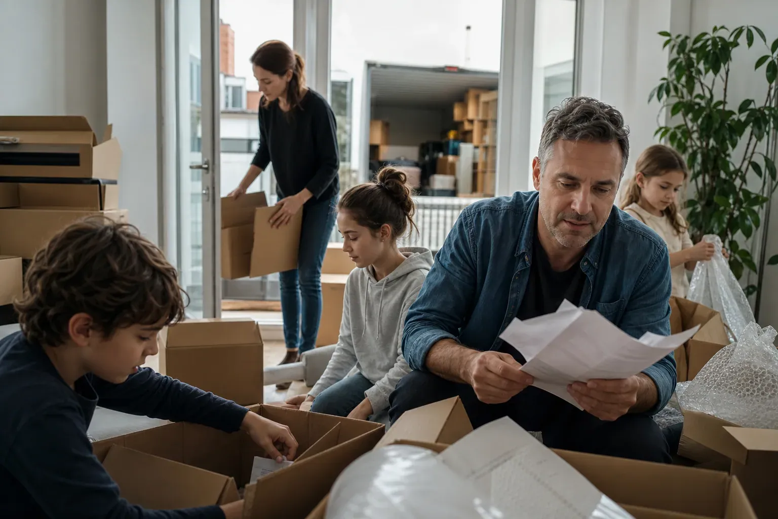 Une famille avec trois enfants prépare un déménagement dans un salon rempli de cartons, avec des documents administratifs visibles.
