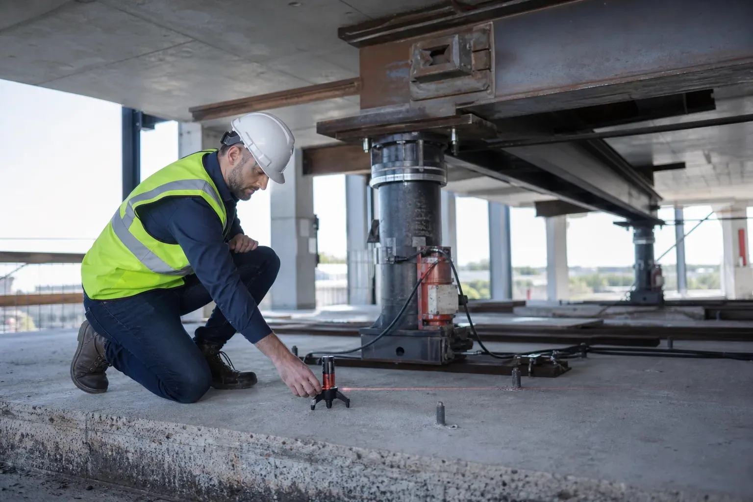 Un ingénieur en structure mesure un plancher de bâtiment avec des instruments, sur un chantier intérieur lumineux, à côté d’une dalle en béton et d’éléments porteurs visibles.