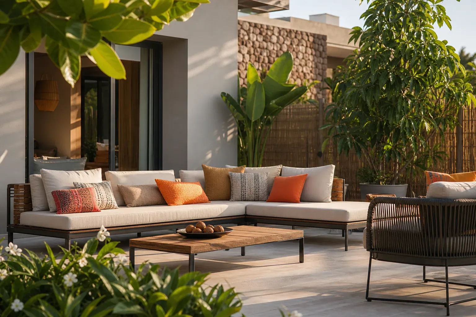 Terrasse d’été élégante avec mobilier modulable, bois naturel, textures tressées et coussins aux accents colorés.