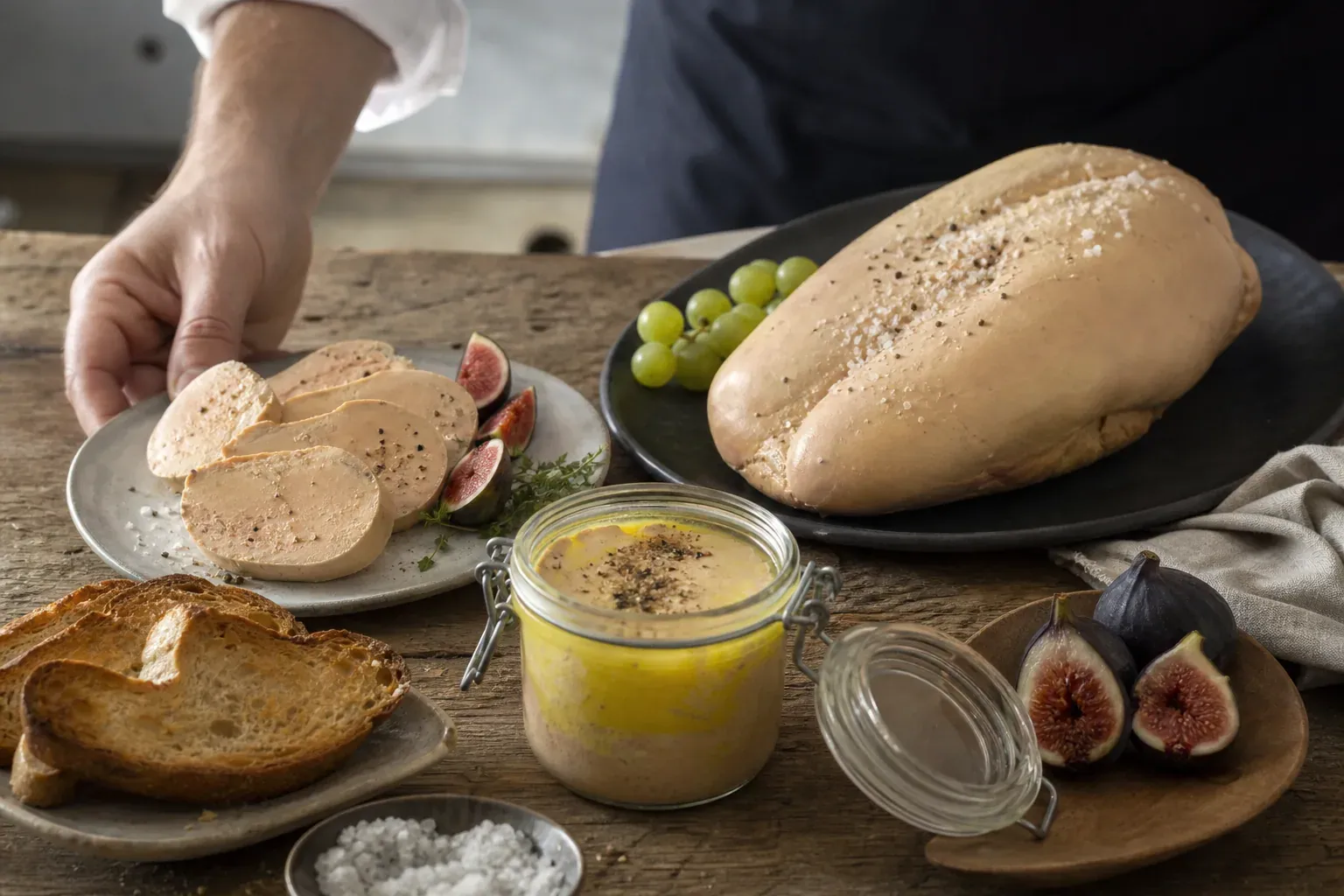 Assortiment réaliste de foie gras de canard et d’oie, avec toasts et bocal de conserve, présenté sur une table de cuisine élégante.