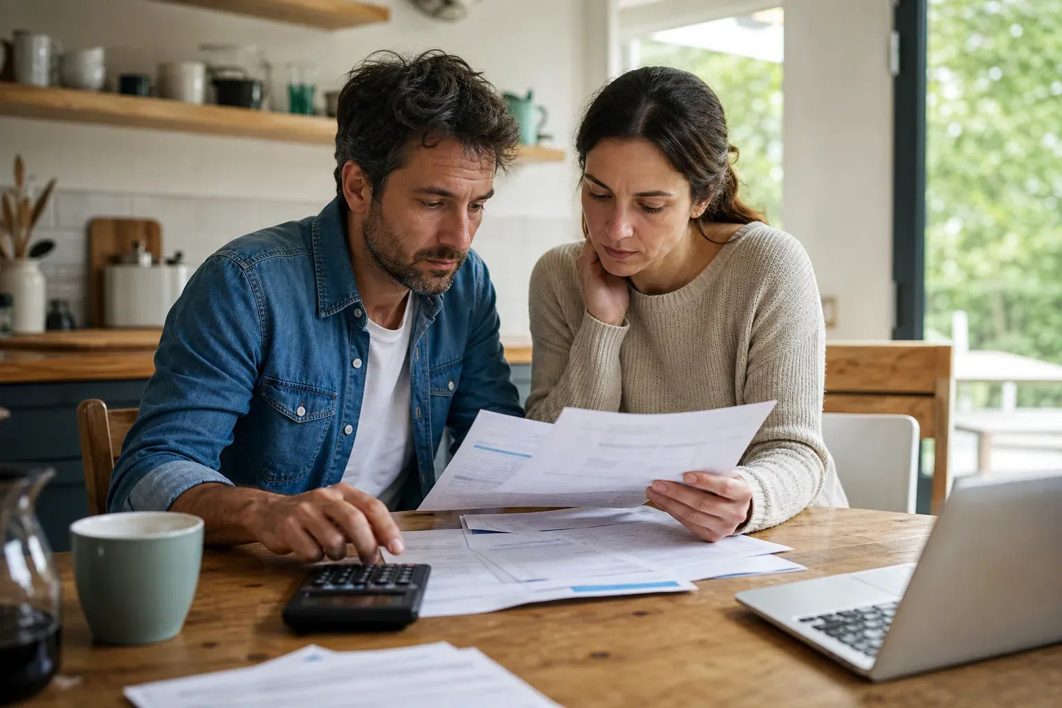 Un couple examine des documents de crédit et un calculateur sur une table de cuisine, dans une scène réaliste de gestion budgétaire.