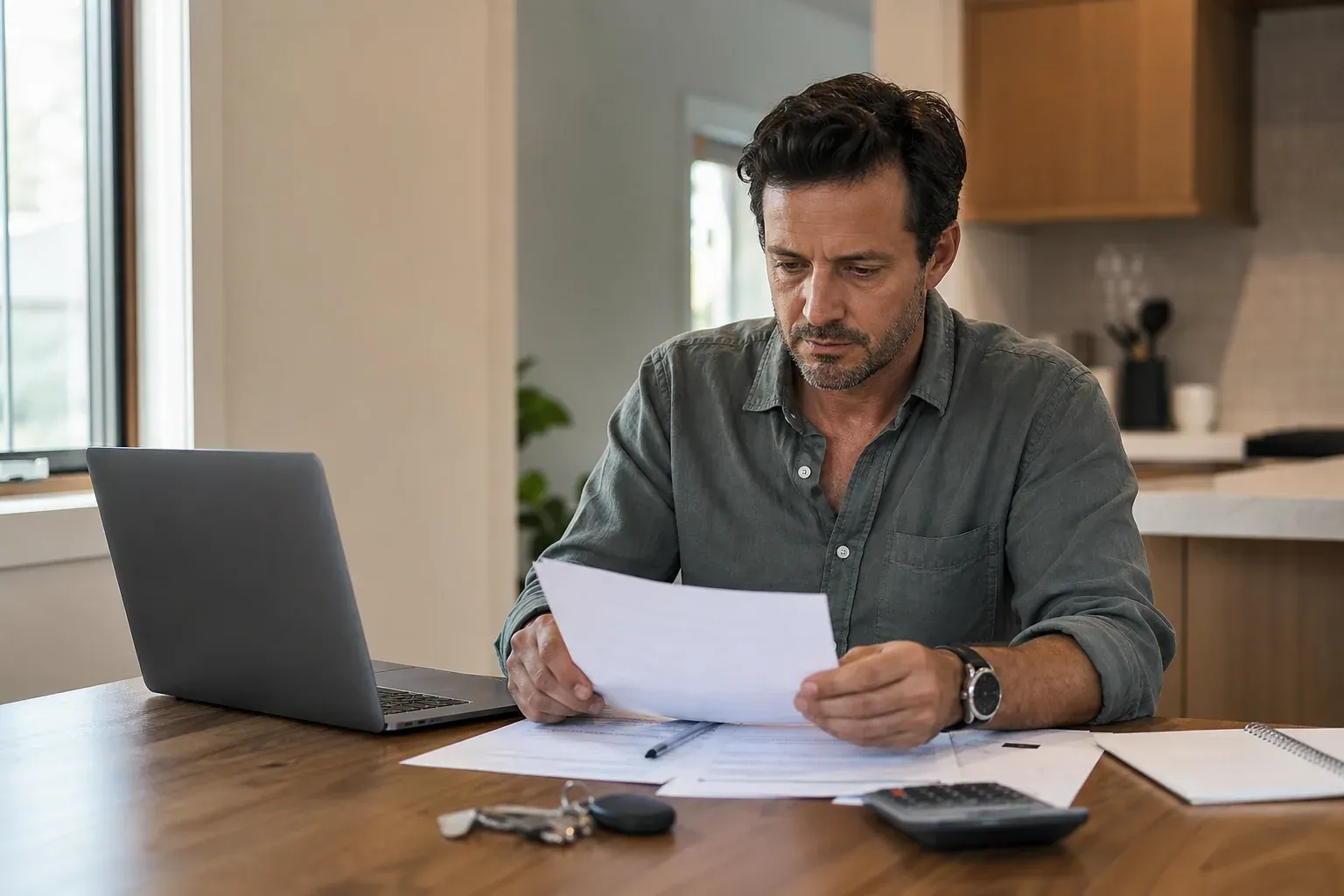 Une personne examine un contrat d’assurance habitation avec des documents, des clés et une calculatrice posés sur une table, dans une scène réaliste.
