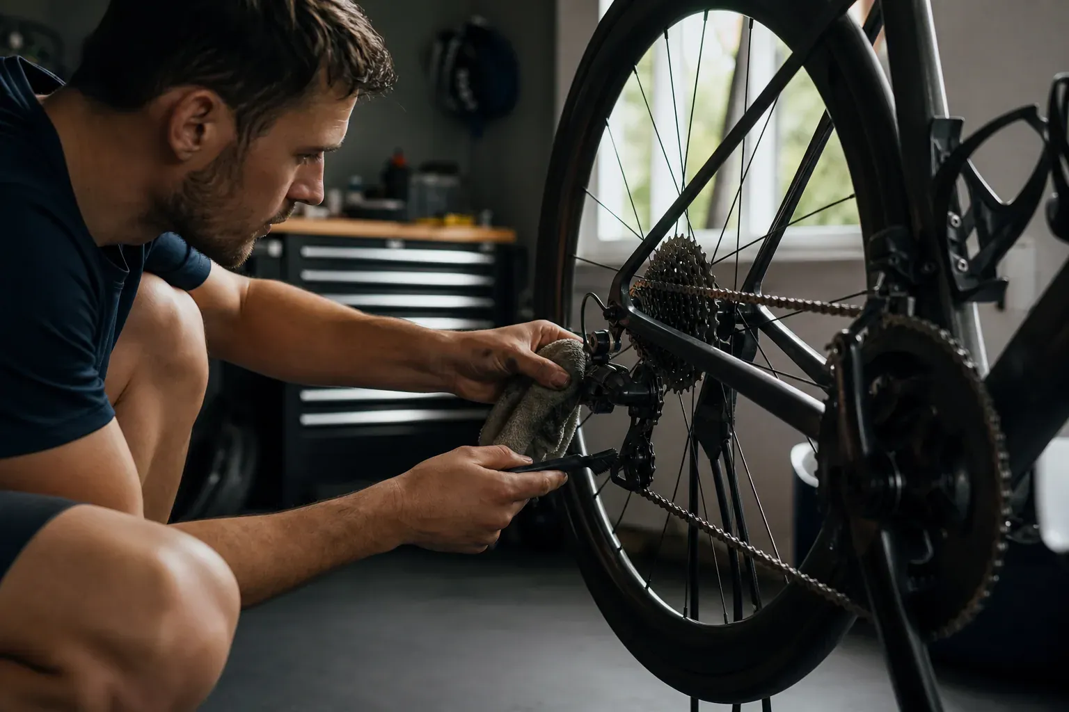 Un cycliste nettoie la transmission d’un vélo de route dans un garage, avec chaîne, cassette et cadre bien visibles.