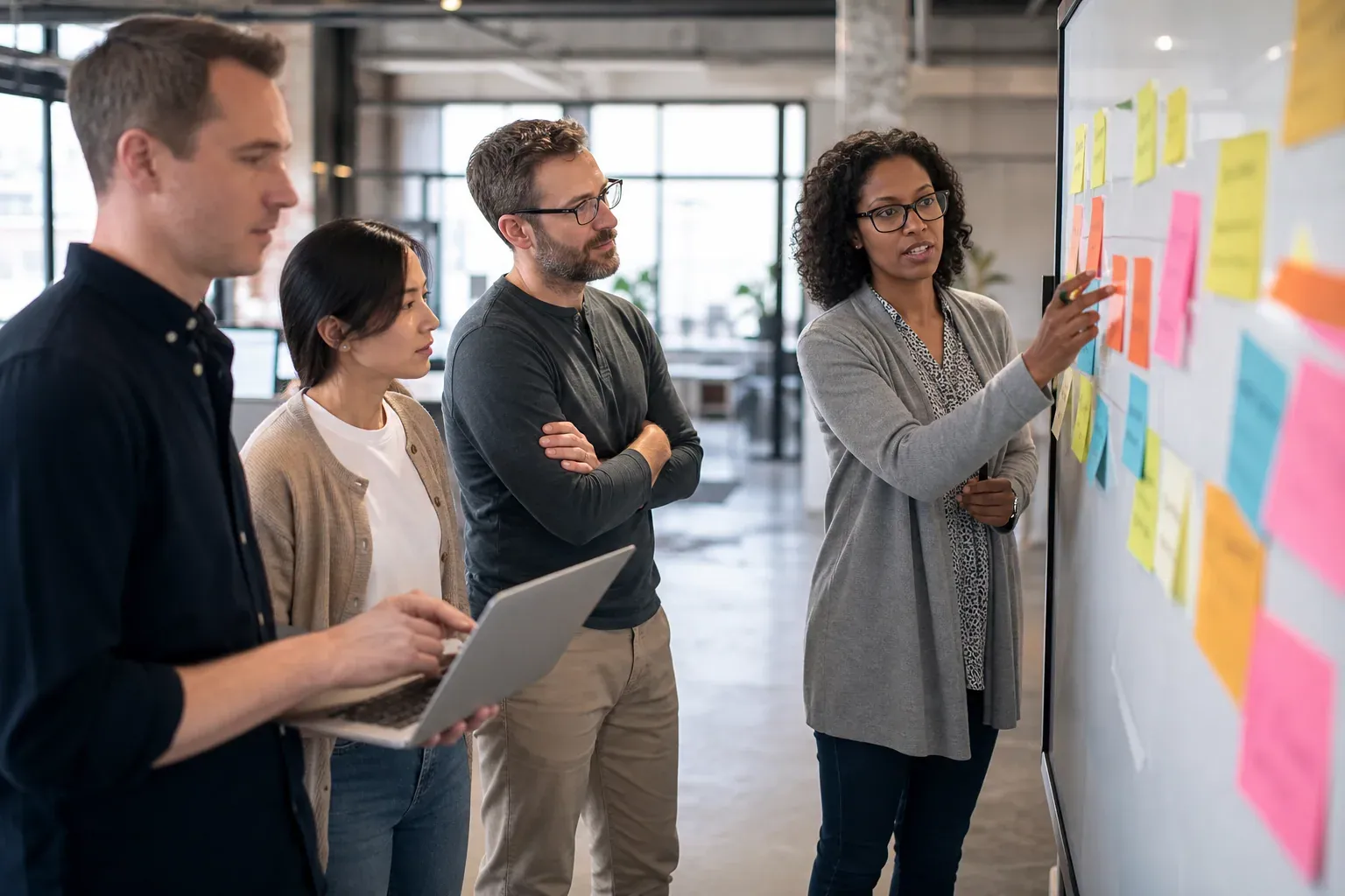 Équipe produit en réunion autour d’un tableau Kanban dans un bureau moderne, avec ordinateurs portables et post-its.