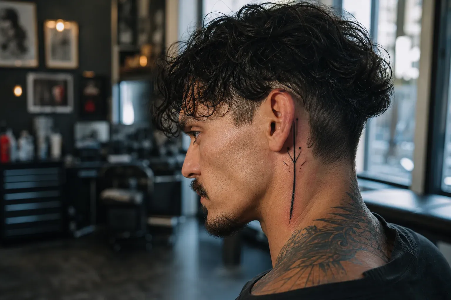Un homme dans un salon de tatouage moderne, de profil, avec un tatouage noir minimaliste au niveau du cou et de la nuque.