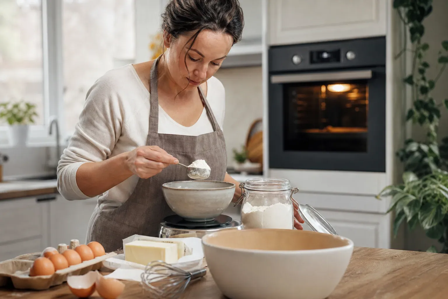 Un pâtissier amateur mesure des ingrédients sur une balance, avec un saladier, un fouet et un four en arrière-plan dans une cuisine lumineuse.