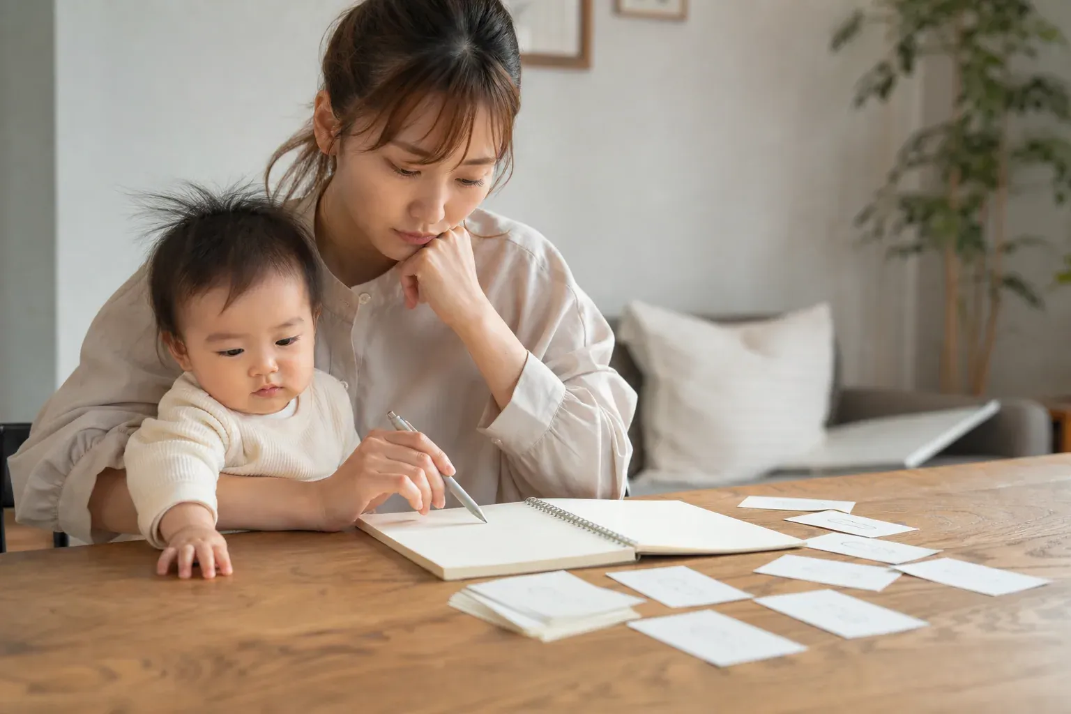 Une table avec un carnet de prénoms, des cartes de kanji japonais manuscrits et une lumière naturelle douce dans un intérieur calme.