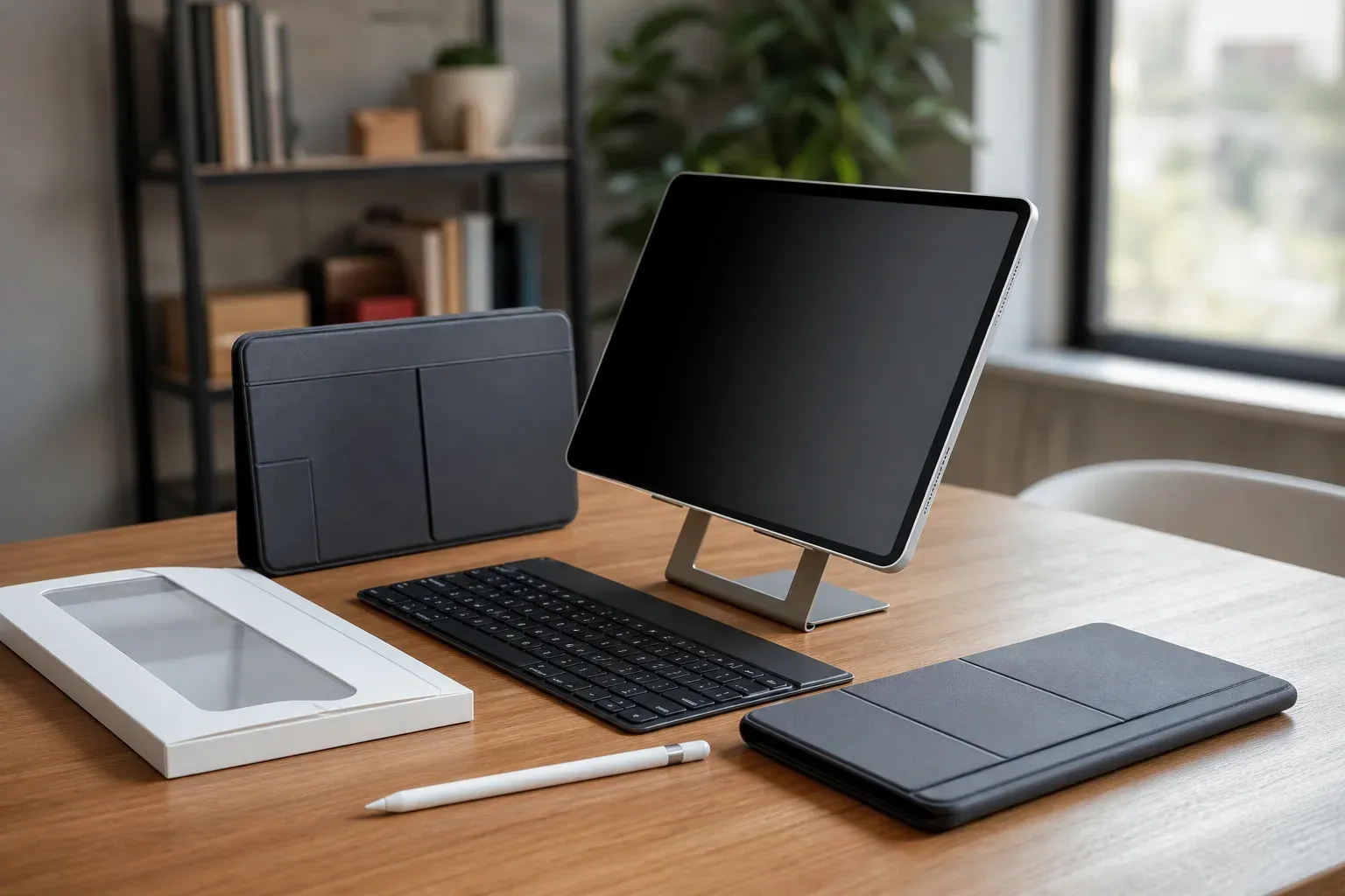Tablette tactile posée sur un bureau avec une housse de protection, un support, un clavier sans fil et un stylet à côté.