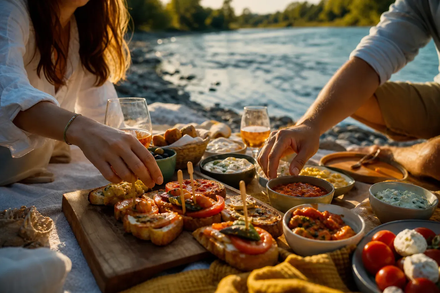 Un apéritif estival installé sur une nappe au bord d’une rivière, avec brochettes, tartines et boissons fraîches dans une ambiance naturelle.
